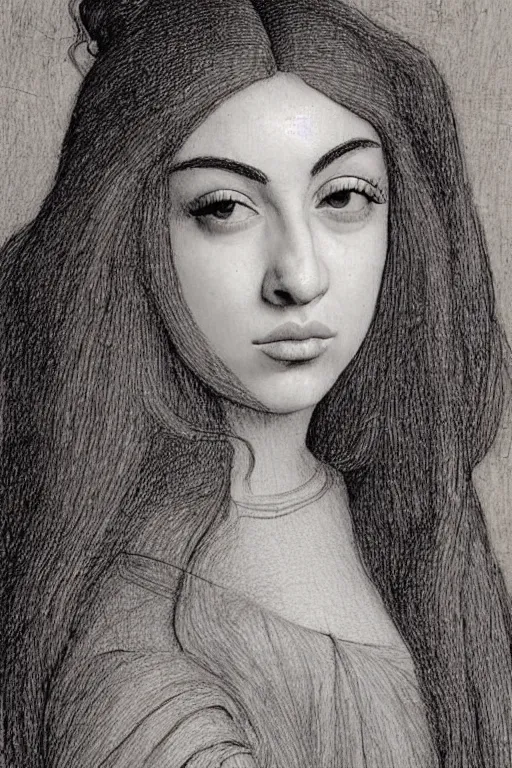 Image similar to a portrait of charli xcx in the style of leonardo da vinci drawing,, single head, no double head,