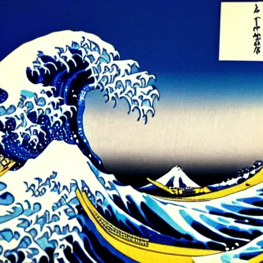 Image similar to The Great Wave off Kanagawa by Katsushika Hokusai picture, hyper realistic, 8k, colorful