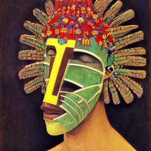 Image similar to head of a shaman wearing a mask made of enamelled flowers, by annie swynnerton and edward hopper and jean delville and john watkiss and rufino tamayo, art deco shaman, stylized geometric flowers, art brut, symbolist, dramatic lighting, god rays, clean crisp graphics, smooth sharp focus, extremely detailed, adolf wolfli