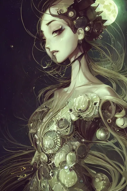 Prompt: close up picture of a extremely beautiful and cute and aesthetic girl with dress made of lunar and clock, mixed mechs of lunarpunk and clockpunk, moon light, sharp focus, highly detailed face, chiaroscuro, light novel cover art, fantasy illustration by anato finnstark and lecouffe deharme and peter mohrbacher and quentin mabille