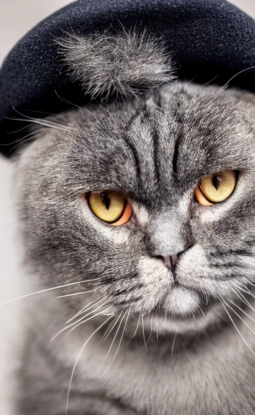 Image similar to front portrait photo of scottish fold cat wearing a black military hat, pure grey fur, highly detailed, high resolution, cosplay photo, stunning, bokeh soft, trending on instagram, by professional photographer, soldier clothing, american military uniform, shot with a canon