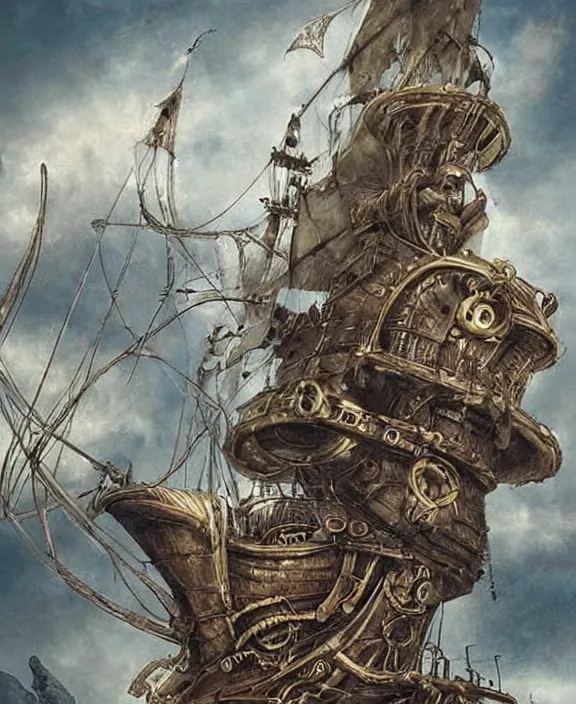 Prompt: an epic fantasy concept of a steampunk davy jones on the flying dutchman