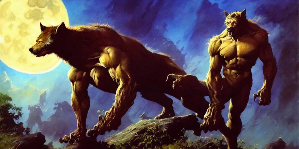 Prompt: by frazetta , panoramic close up of realistic werewolf , epic pose , full body backlight ,top light ,full body portrait ,highly textured oil painting ,jungle ,cyan graveyard with backlight from the moon ,foggy background ,with dramatic sky ,clouds and giant oversized moon and storm