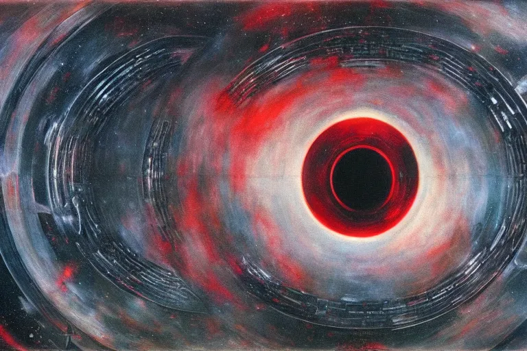 Prompt: painting by h. r. giger, infinite cosmos, blackhole sun, red matter, warp space, sharp focus, unimaginable composition, incredible depth