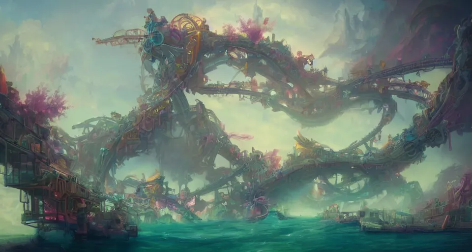 Image similar to a roller coaster with Pastel coloring by peter mohrbacher, vivid colors, matte painting, 8K, concept art, mystical color scheme, trending on artstation