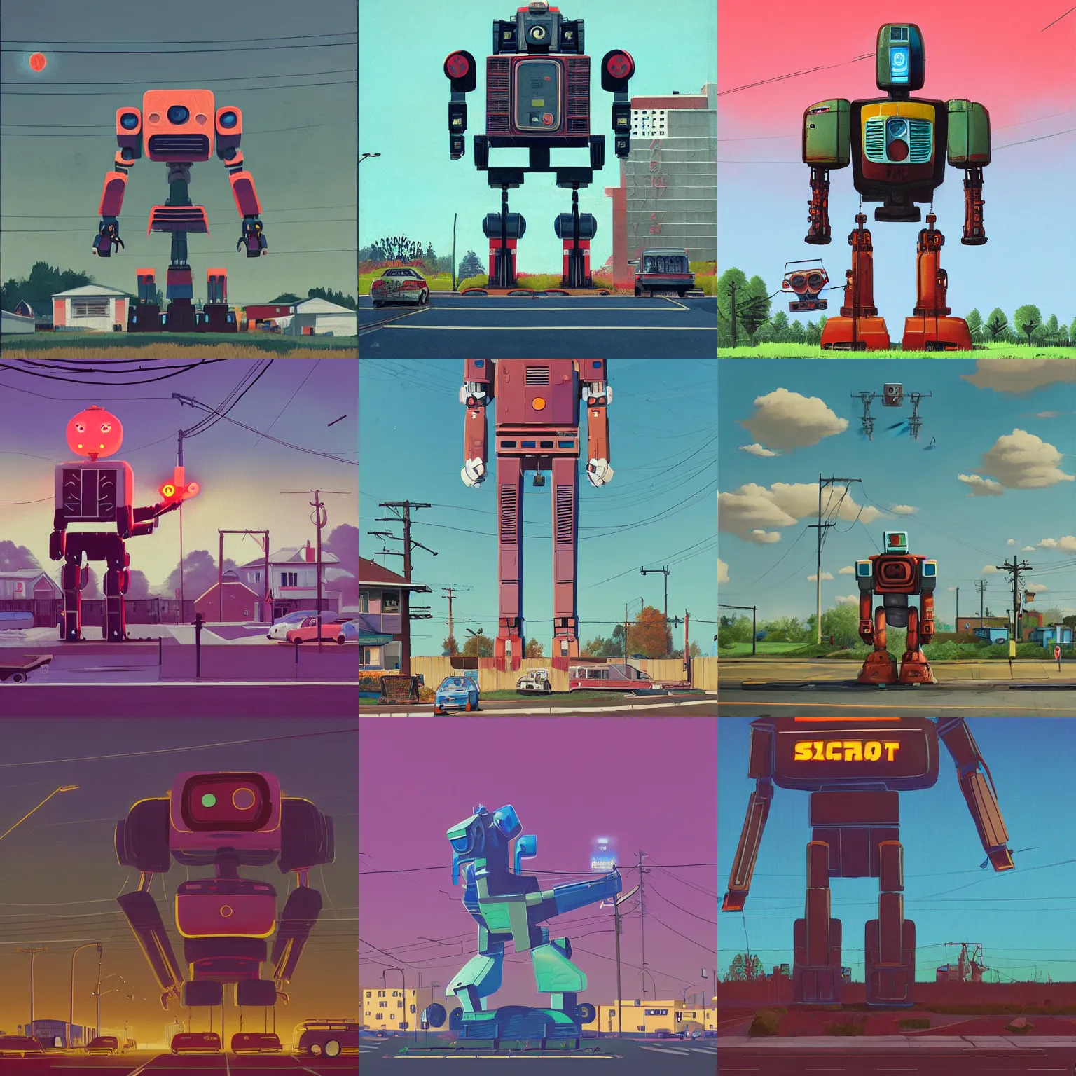 Prompt: giant robot in suburbia in the style of Simon Stalenhag
