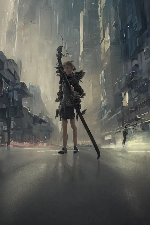 Image similar to a portrait of a small person wearing a katana in the middle foreground walking in the street of a sci-fi city by Greg Rutkowski, Sung Choi, Mitchell Mohrhauser, Maciej Kuciara, Johnson Ting, Maxim Verehin, Peter Konig, final fantasy , mythical, 8k photorealistic, cinematic lighting, HD, high details, atmospheric,