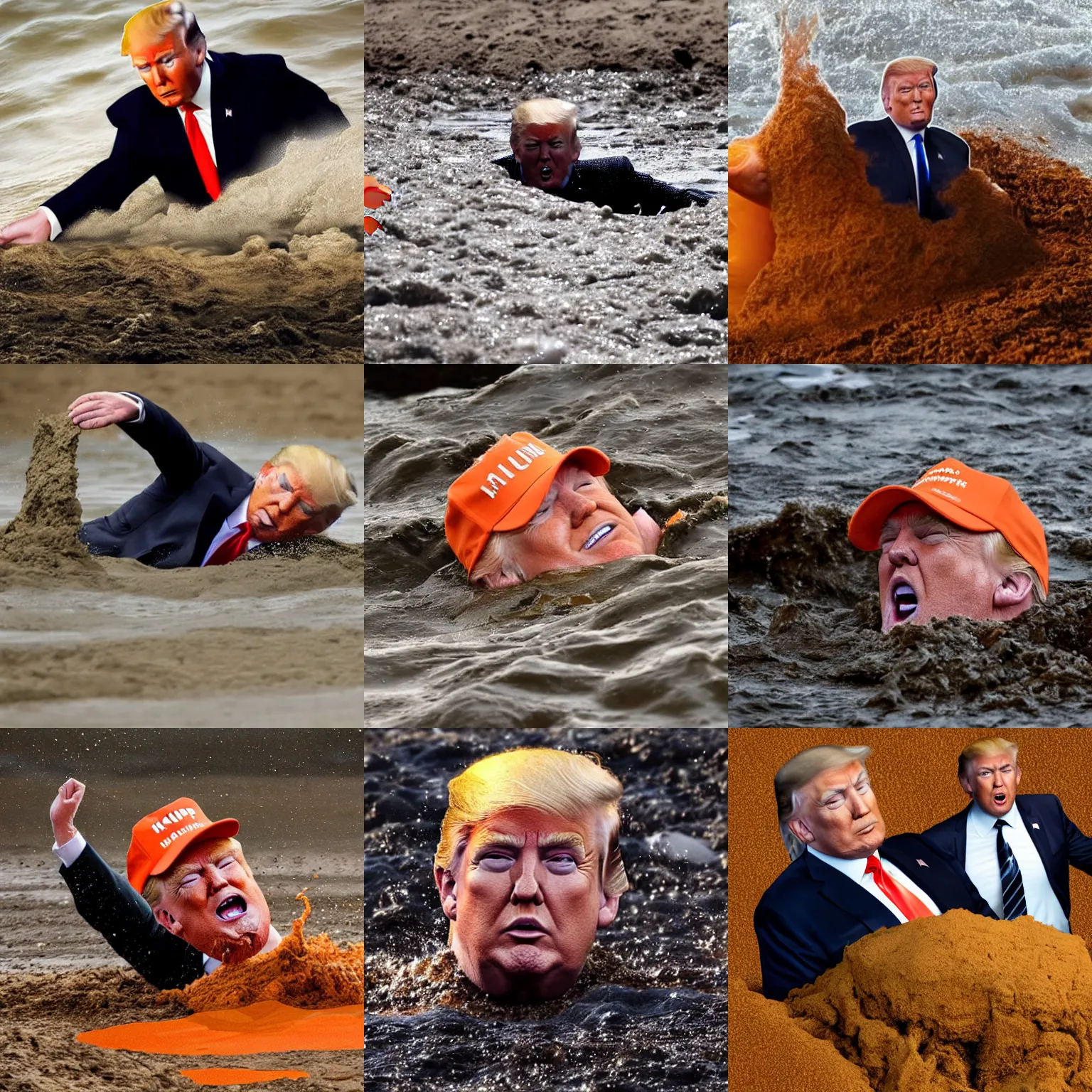 Prompt: close up of donald trump sinking in quicksand with only the orange head visible