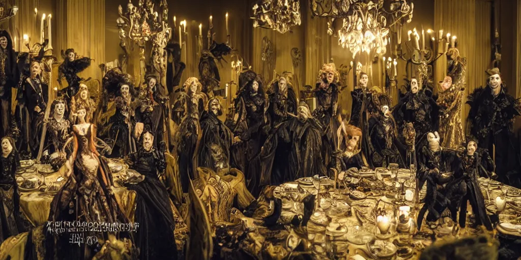 Prompt: photo taken of an epic intricate, ultra detailed, super realistic stop motion puppet of a majestic gracious regal aristocratic vampires in an indoor banquet hall filmset created by weta workshop and tim burton, menacing, wide angle, moody full body shot, photorealistic, sharp focus, gloomy, extremely cold blueish colour temperature, 3 5 mm, f 1. 4