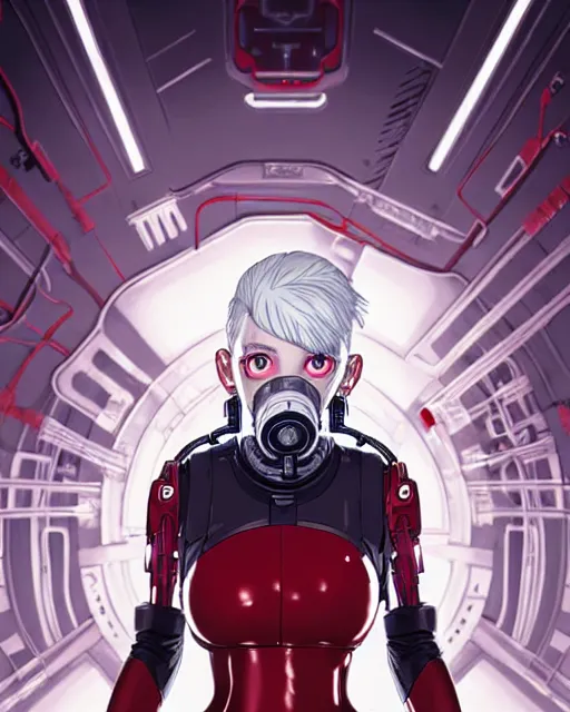 Image similar to white haired cyborg girl wearing a gas mask and red dress | | audrey plaza, warframe armor, fine detail!! anime!! realistic shaded lighting!! poster by ilya kuvshinov katsuhiro otomo ghost - in - the - shell, magali villeneuve, artgerm, jeremy lipkin and michael garmash and rob rey