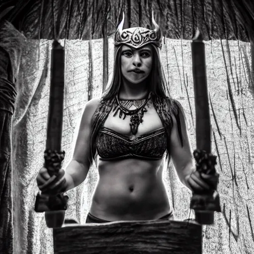 Image similar to photo shoot pose photo of the viking female warrior on the viking wooden throne in the dark wooden viking palace lobby, femine attractive symmetrical face, big eyes and lips, beautiful clean face and body skin, brutal joyful face expression, wears ornamental jewelry and bikini, torches alit in the background, depth of field, lens flare, moody lighting, moody photography, old photo, black and white, sepia, cinematic lighting, cinematic angle, editorial photography,award-winning