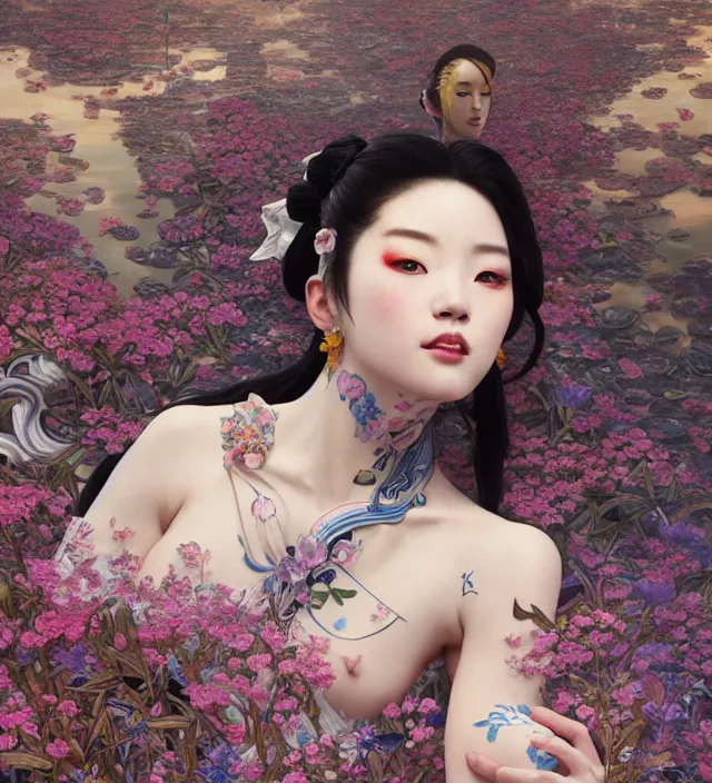 Image similar to baroque portrait of one yakusa biomechanic android geisha with tattoos is lying down in a river made of thousand of flowers, backlighting, photorealistic, octane render, 8 k, depth of field, art by artgerm and greg rutkowski and alphonse mucha and uang guangjian