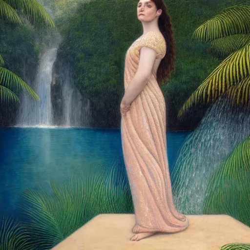 Image similar to a ultradetailed beautiful painting of lorde standing in front of the diamonds waterfall in the amazonas palace balustrade designed by jules bastien - lepage, tarsila do amaral, frank weston and gustave baumann, beach, trending on artstation, mediterranean, palm trees, sharp focus, soft light, 8 k 4 k