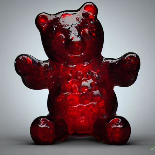 Image similar to gummy bear made from the sins of the father, dark, decrepit, war barren, red, lost, 4 k, octane render