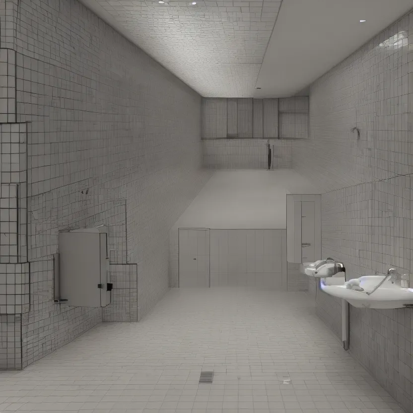 Image similar to an infinite public restroom with endless stalls and endless sinks fading into the distance, mirrors!, showers, tile, cinematic lighting, volumetric lighting, award winning photography, highly detailed, intricate, sharp focus, 4 k wallpaper, unreal engine, 9 0 mm, f / 1. 4