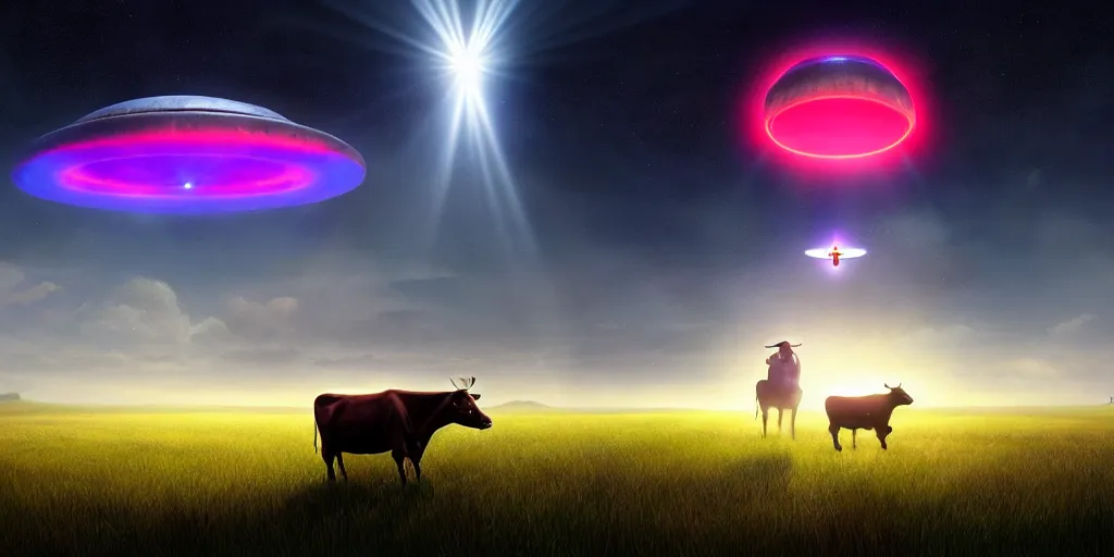 Prompt: a beautiful ufo abducting a cow from a field, beam of light, vivid colors, digital art, landscape, fantasy art, octane render, unreal engine, high detail, very realistic, by greg rutkowski. by james gurney