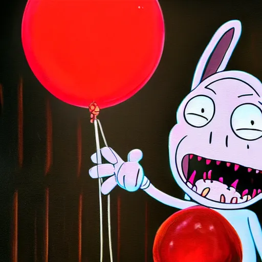 Prompt: grunge painting of bugs bunny with a wide smile and a red balloon rick and morty style, creepy lighting, horror theme, detailed, elegant, intricate, conceptual