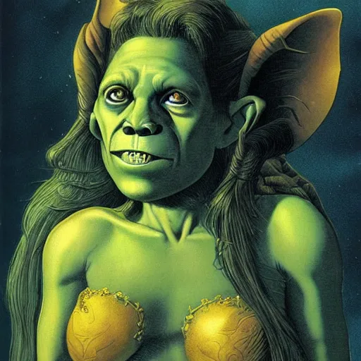 Image similar to portrait of ethereal young goblin princess in golden armour by Richard Corben