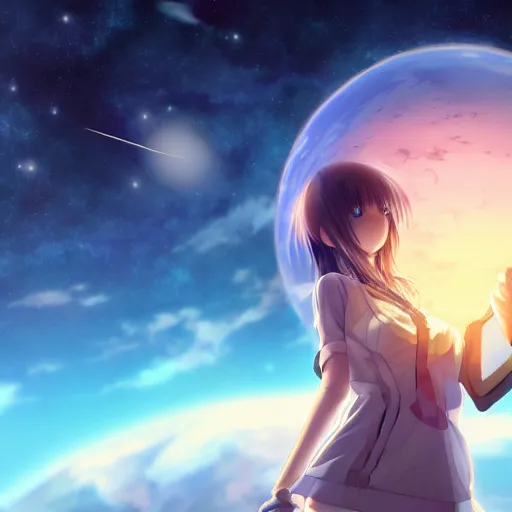 Image similar to An anime girl holding and terraforming a planet on her hands, wide-shot, high detail, 4k, digital art, artstation, 8k, very detailed, 85mm