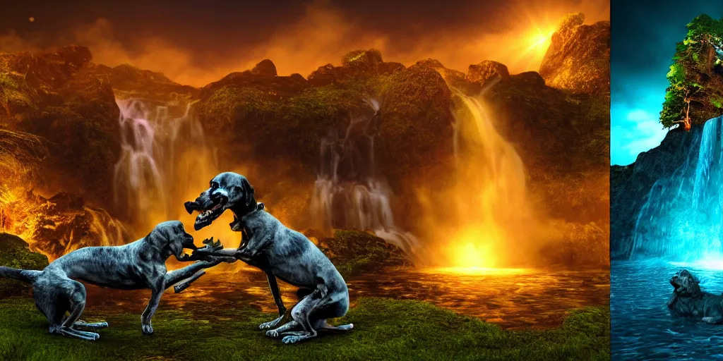 Image similar to 3d renderings of two dog Skeletons fighting in front of a waterfall, infographic for imaginary animals, golden hour, backlit by an alien planet, sharp focus, psychedelic LSD manga, hyper realistic, detailed, octane render