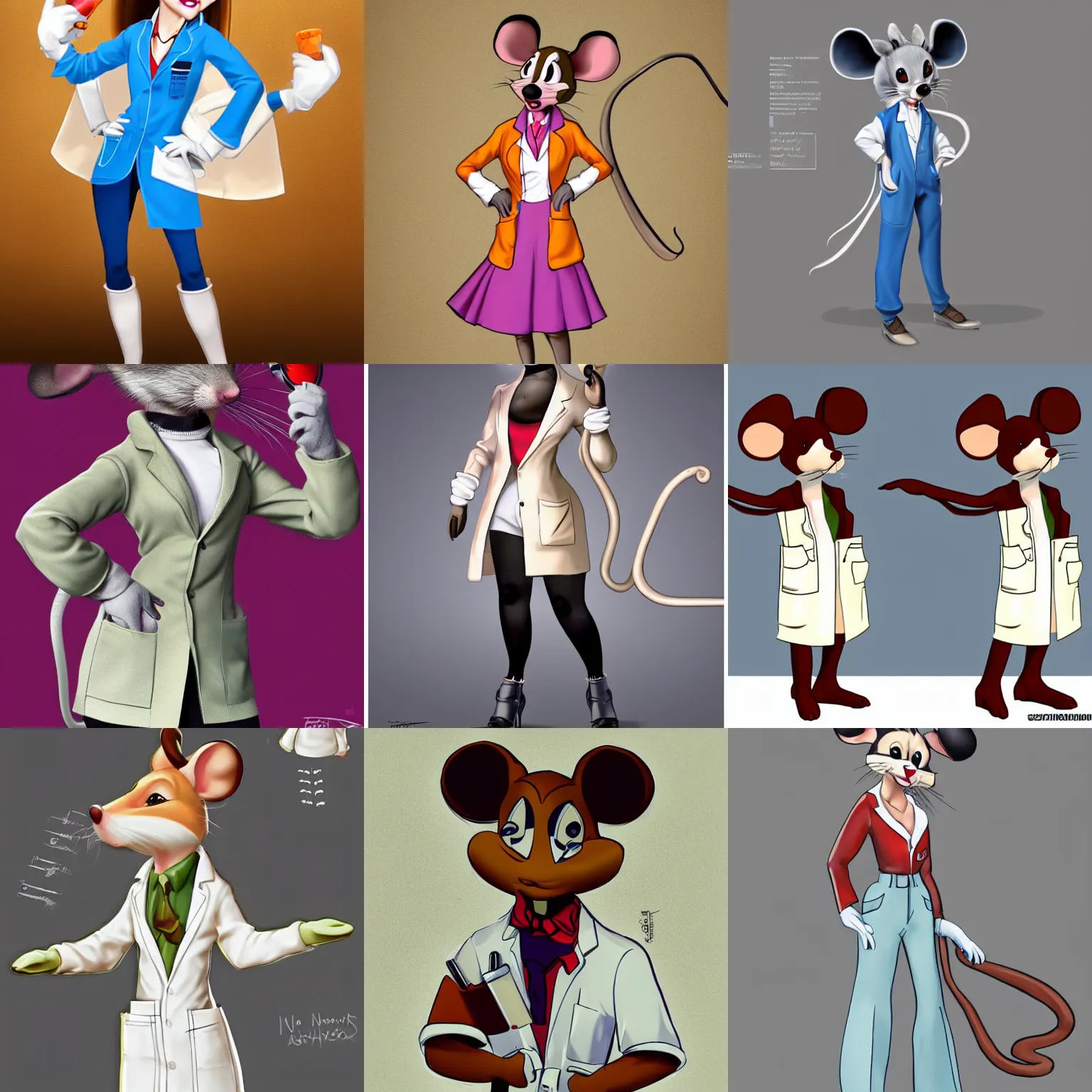 Prompt: anthropomorphic mouse furry pinup girl in the lab coat | concept art, character turnaround, trending on artstatio, by jay naylor