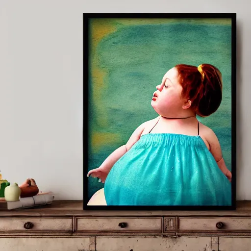Prompt: a beautiful art. the most cute little fat girl is kissing a huge colorful cute fish. modern etching. colored print. hype realistic scene. old photography style. studio lighting. window. 3 d, octane render, deep focus, fashion style, white scene. very funny and sweet art. unreal engine. watercolor. fellini style. poster quality. da vinci painting