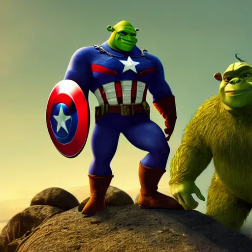 Image similar to digital painting of Shrek as Captain America, octane render, volumetric lightening, by marvel