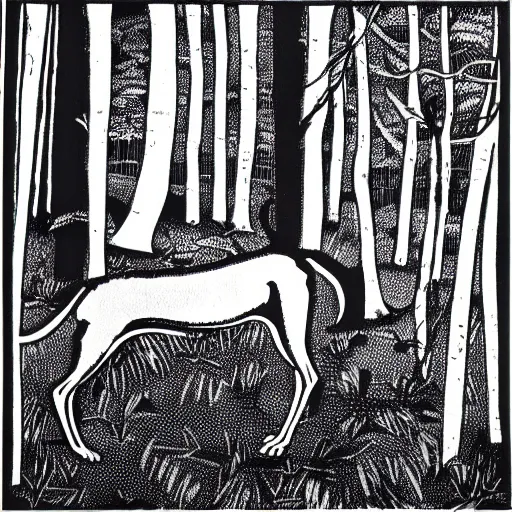 Image similar to linocut, black and white, greyhound in a forest