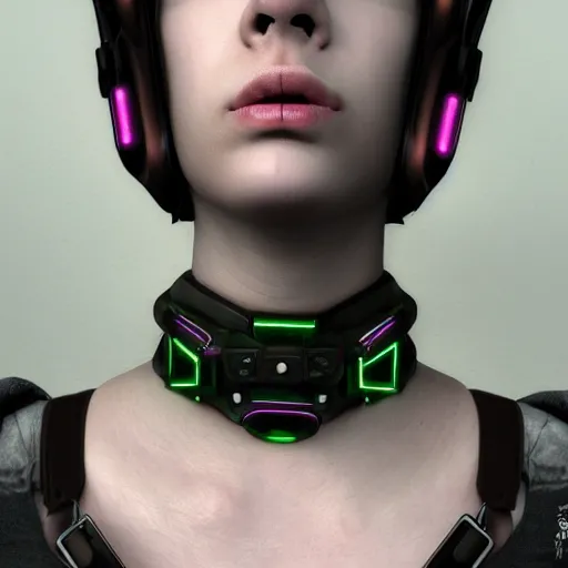 Image similar to detailed realistic female character cyberpunk wearing thick steel collar around neck, realistic, art, beautiful, 4K, collar, choker, collar around neck, punk, artstation, detailed, female, woman, choker, cyberpunk, neon, punk, collar, choker, collar around neck, thick collar, choker around neck, wearing choker, wearing collar,