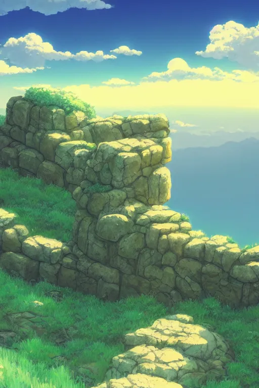 Image similar to stone wall stretching to the sky at the edge of the world, 4 k digital paint by studio ghibli hayao miyazaki. vivid colours, vaporwave lighting style, very sharp and detailed. trending on artstation and behance.