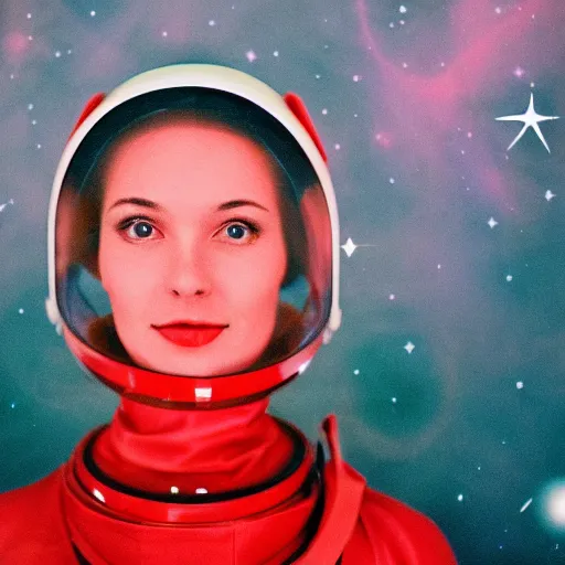 Prompt: analog portrait of a beautiful girl in a space helmet, stars and planets visible, warm azure tones, red color bleed, film grain