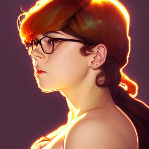 Prompt: art by artgerm and greg rutkowski and alphonse mucha. clear portrait of velma dinkley!! blonde, modest full - figured holy body!! strong, tall, light effect. hyper detailed, glowing lights!! intricate, elegant, digital painting, artstation, smooth, sharp focus