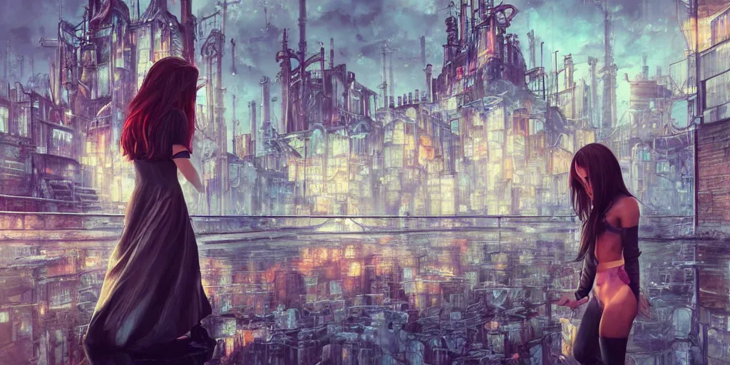 Prompt: a girl in a grim industrial cityscape looking into a puddle with the reflection of a vibrant fantasy landscape and castle, artwork by Artgerm, trending on artstation, award winning