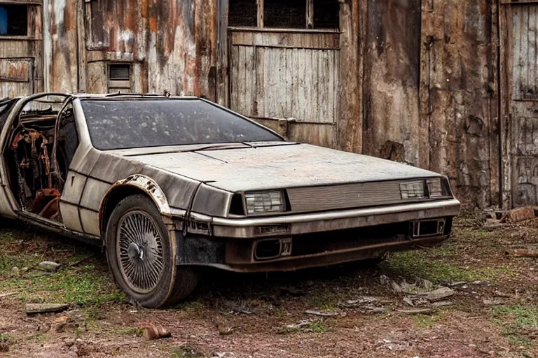 Prompt: rusty, derelict 1 9 2 2 delorean inside a dusty worn down old barn