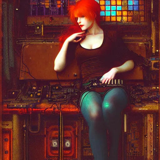 Prompt: redhead female cyberpunk, dreamin, wires cables skulls, machines, in the style of john william waterhouse, kilian eng, rosetti, john everett millais, william holman hunt, 4 k photo autochrome