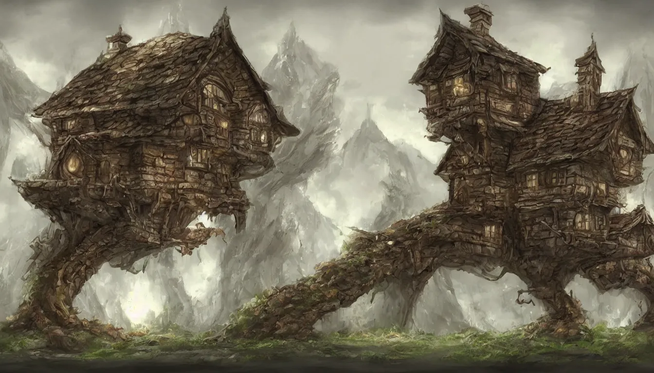 Image similar to Fantasy concept art of a house on chicken legs.