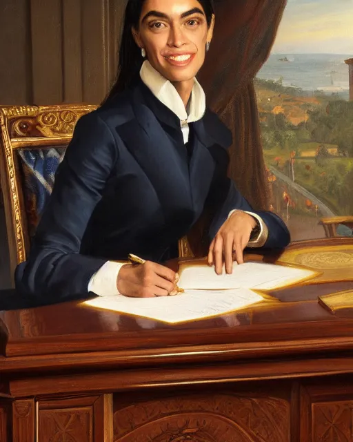 Image similar to official close - up portrait of the united states president, alexandria ocasio - cortez, resolute desk, 1 8 4 8, oil on canvas by william sidney mount, trending on artstation, national archives