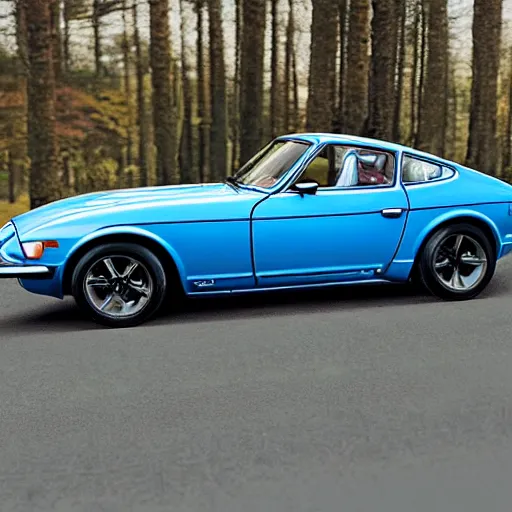 Image similar to a photorealistic image of a blue 1975 Datsun 260Z