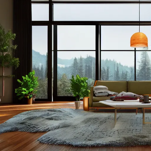 Image similar to a beautiful modern living room with wood floors, large windows with a beautiful view, an area rug, plants, forest, mountains, realistic, hd, 8 k, digital rendering, unreal engine, blender, octane, maya