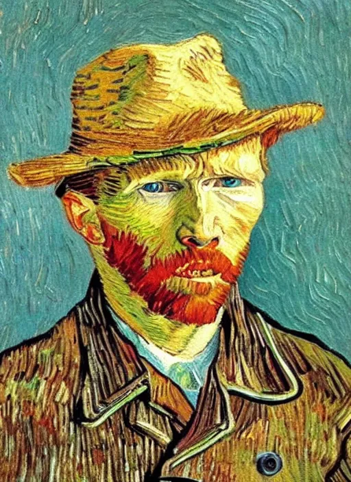 Image similar to lifelike oil painting self - portrait of van gogh wearing a fedora