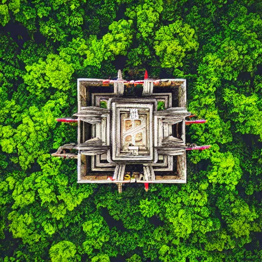 Prompt: isometric drone shot of a jungle temple