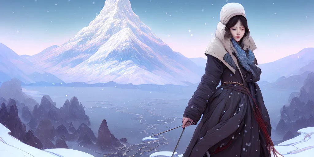 Prompt: beautiful digital painting of a hoyeon jung stylish female snow - covered mountains with high detail, real life skin, freckles, 8 k, stunning detail, works by artgerm, greg rutkowski and alphonse mucha, unreal engine 5, 4 k uhd