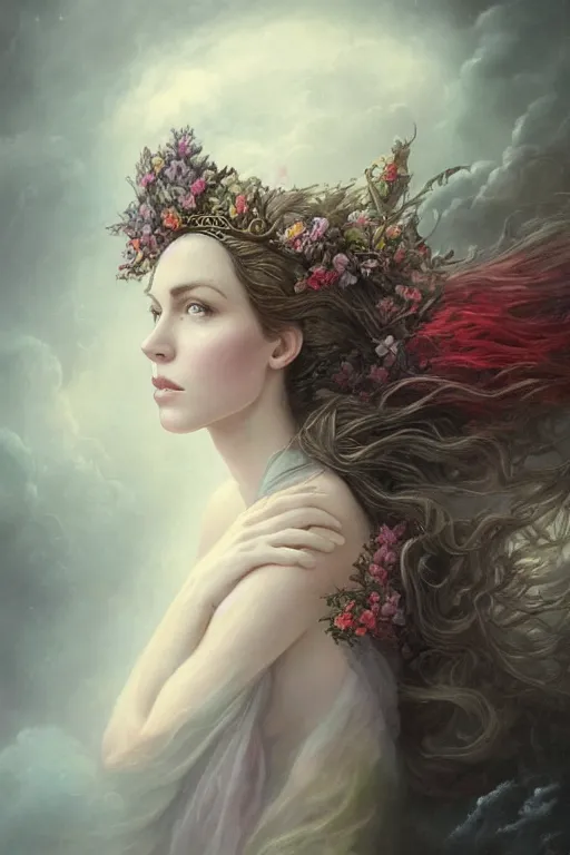 Image similar to portrait matte fine art of the beauty goddess catriona balfe, she has a crown of stunning flowers and gemstones, background full of stormy clouds, by peter mohrbacher