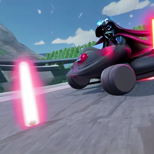 Prompt: still image of darth vader driving in mario kart tour deluxe race, unreal engine, octane