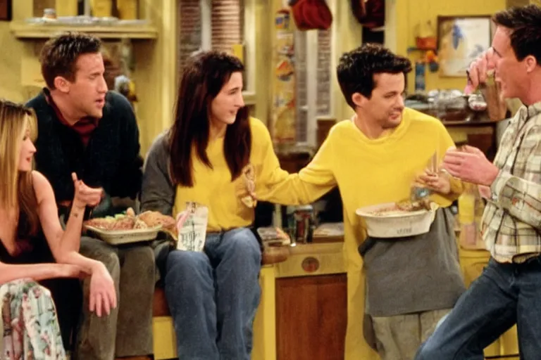 Prompt: the episode of Friends where everyone gets covered in vermont yellow cheese