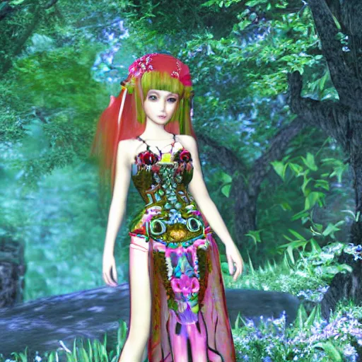 Image similar to cute female forest spirit wearing ornate floral cybernetic mughal valentino resort dress in a 3 d psx ps 2 jrpg style, esoteric scifi magical alien ruins ritual environment, fashion gameplay screenshot, highly detailed, atelier, xenogears