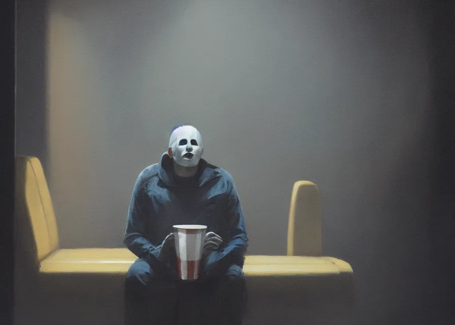 Prompt: painting of Michael Myers sitting in a movie theater seat eating popcorn, sharp focus, face focused, trending on ArtStation, masterpiece, by Greg Rutkowski, by Ross Tran, by Fenghua Zhong, octane, soft render, oil on canvas, moody lighting, high contrast, cinematic, professional environmental concept art