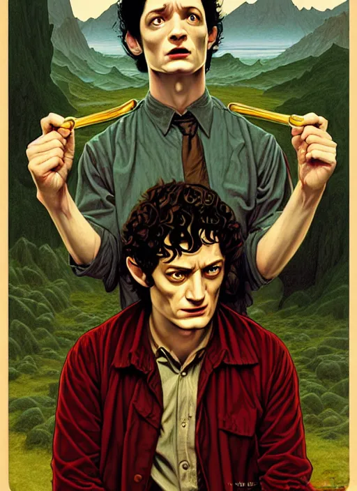 Image similar to twin peaks poster art, frodo baggins vs gollum, old retro pulp noir comic cover, by michael whelan, rossetti bouguereau, artgerm, retro, nostalgic, old fashioned