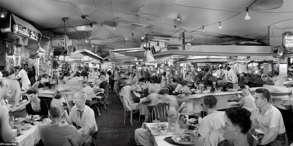 Prompt: detailed sharp photograph in the style of popular science circa 1 9 5 5 and gregory crewdson of a 1 9 5 0 s crowded diner summer night