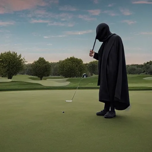 Image similar to the grim reaper standing stoic in black robe, waiting patiently, on a golf course while people play golf, perfect composition, by edmond leighton, simon stalenhag